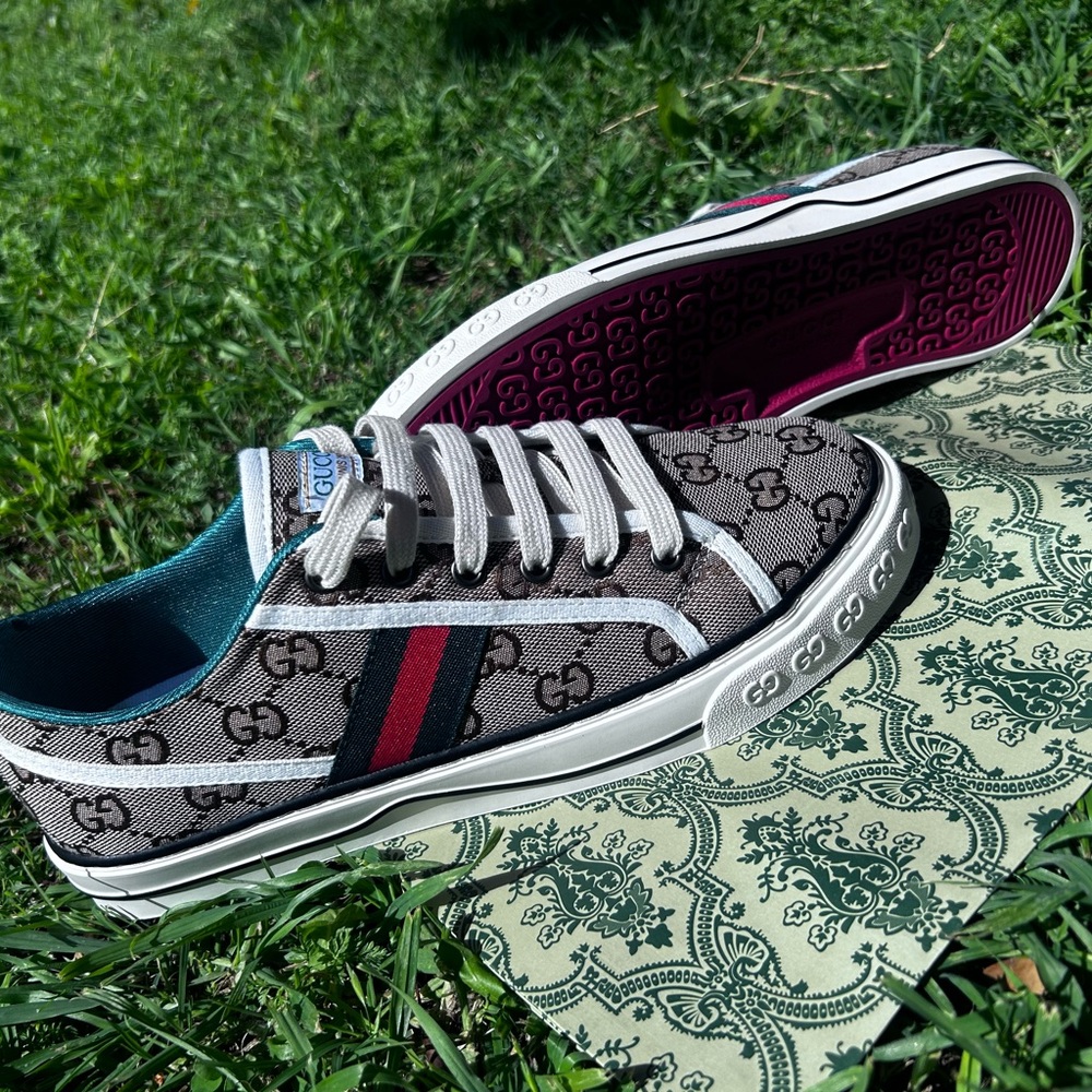 Gucci Gray Monogram Sneakers with Red and Green Accents
